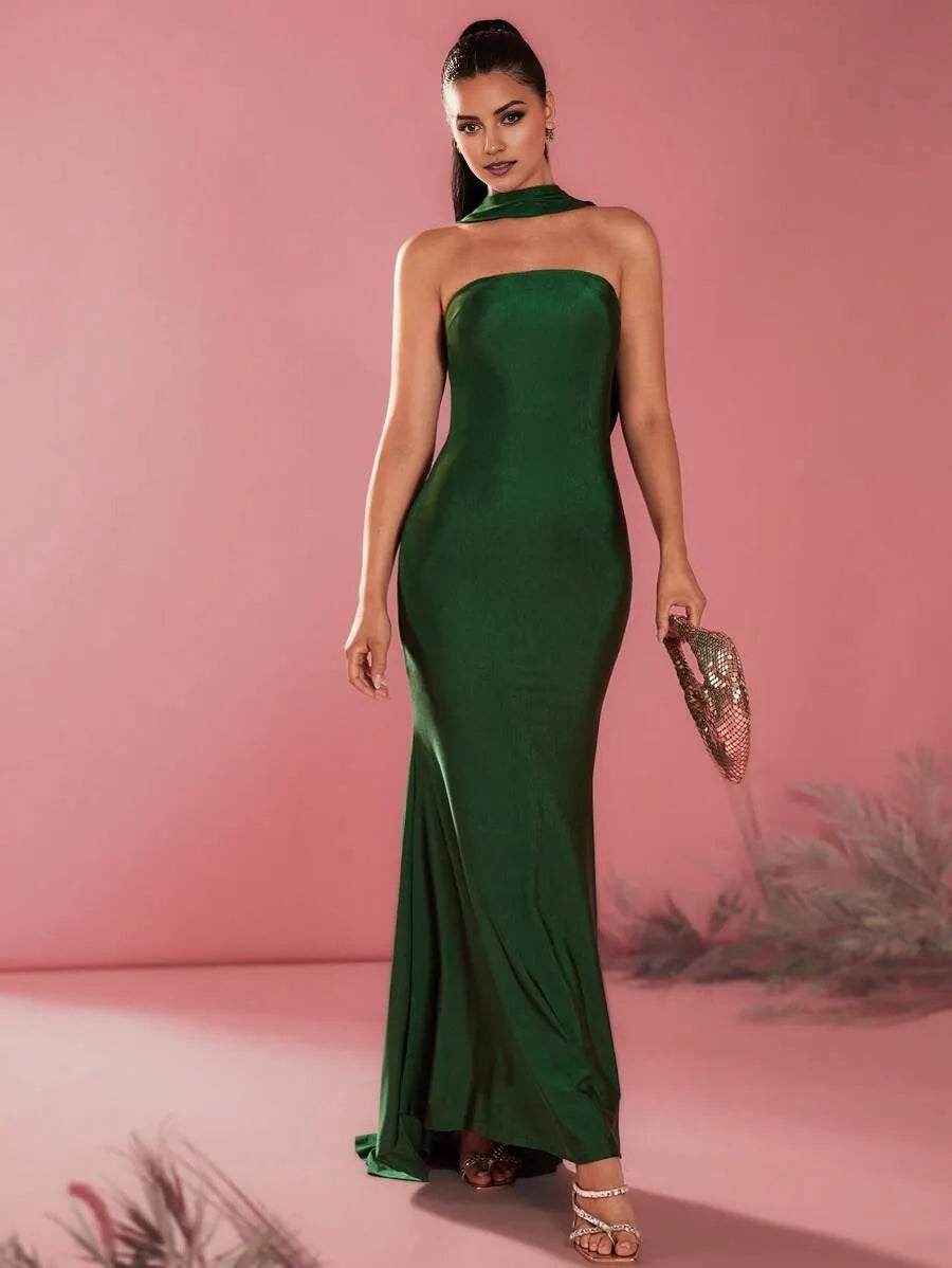 Green Mermaid Halter Neck Sleeveless Draped Back Floor-Length High Slit Prom Dresses
