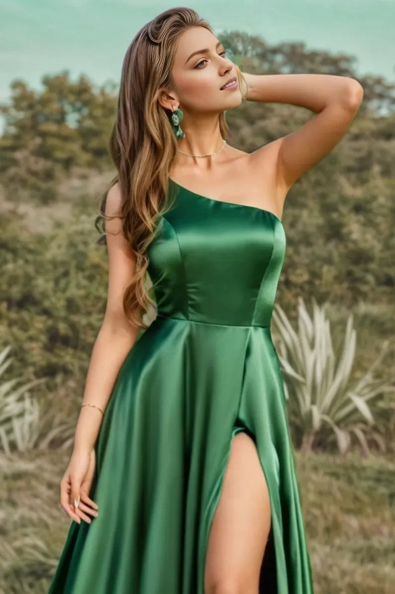 Green Mermaid One Shoulder Sleeveless Back Zip Floor-Length High Slit Prom Dresses