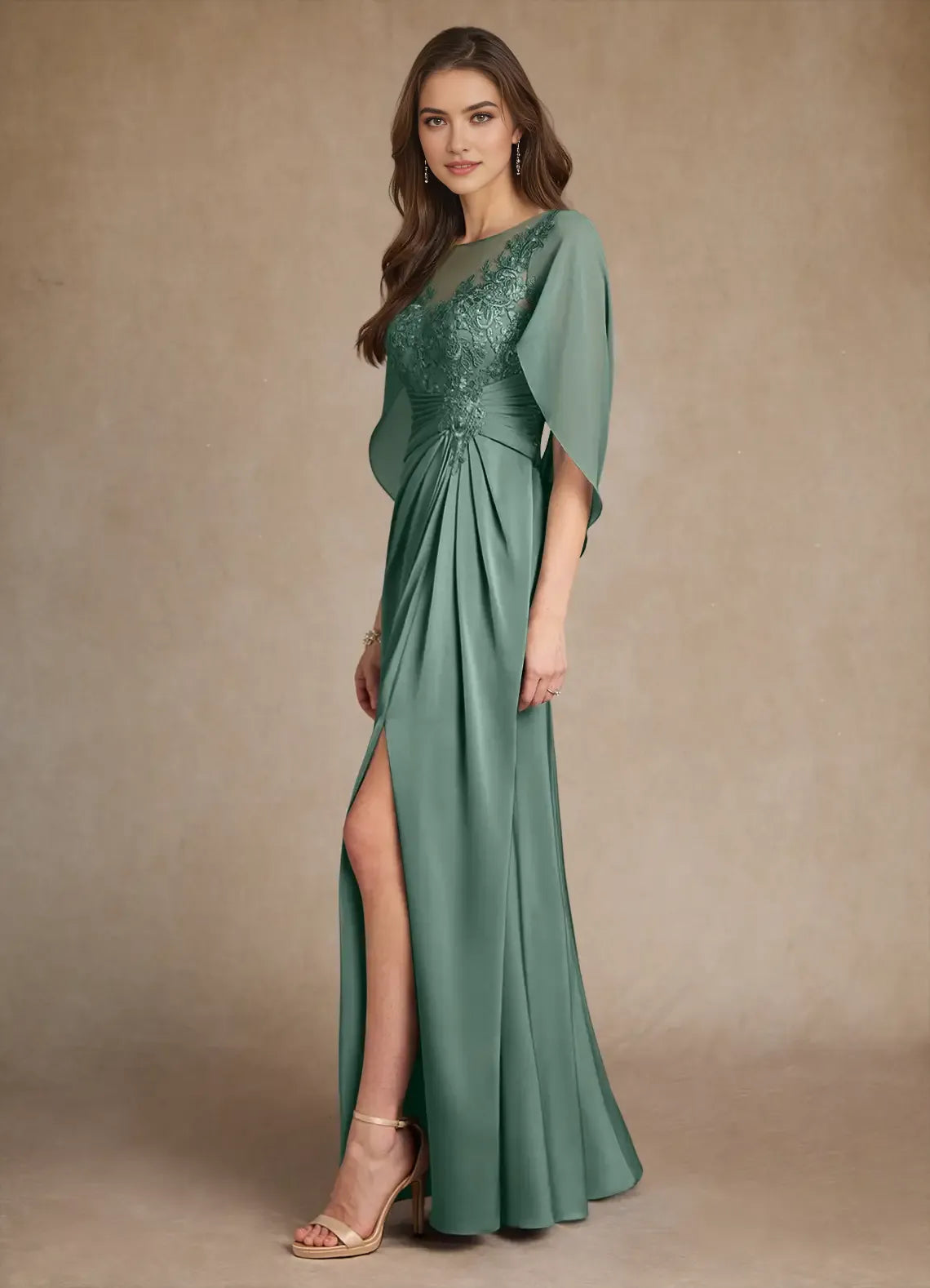 Green Mother of the Bride Dress with Sheer Cape Sleeves Bodice Draped Skirt High Side Slit
