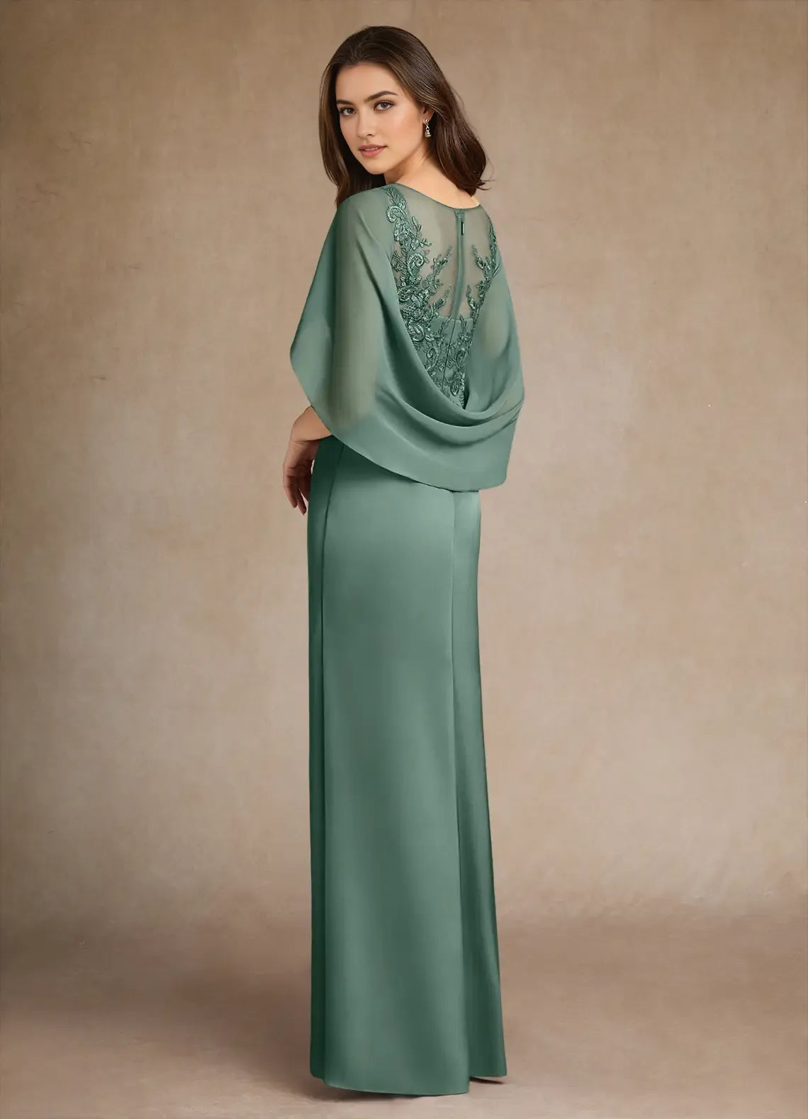 Green Mother of the Bride Dress with Sheer Cape Sleeves Bodice Draped Skirt High Side Slit
