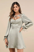 Green Homecoming Dress with Cut Out Neckline, Lantern Sleeves Bow Detail: Perfect for Memorable School Dances