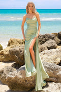 Green Strapless Prom Dress with Draped Detailing and High Slit