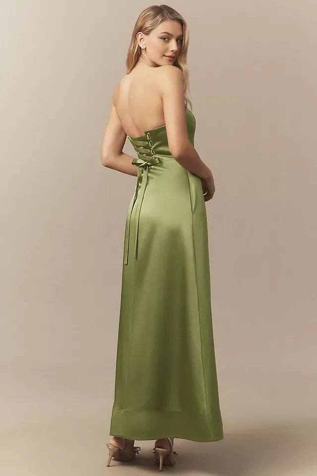 Green Sheath Strapless Sleeveless Up Back Ankle Length Ruffled Prom Dresses