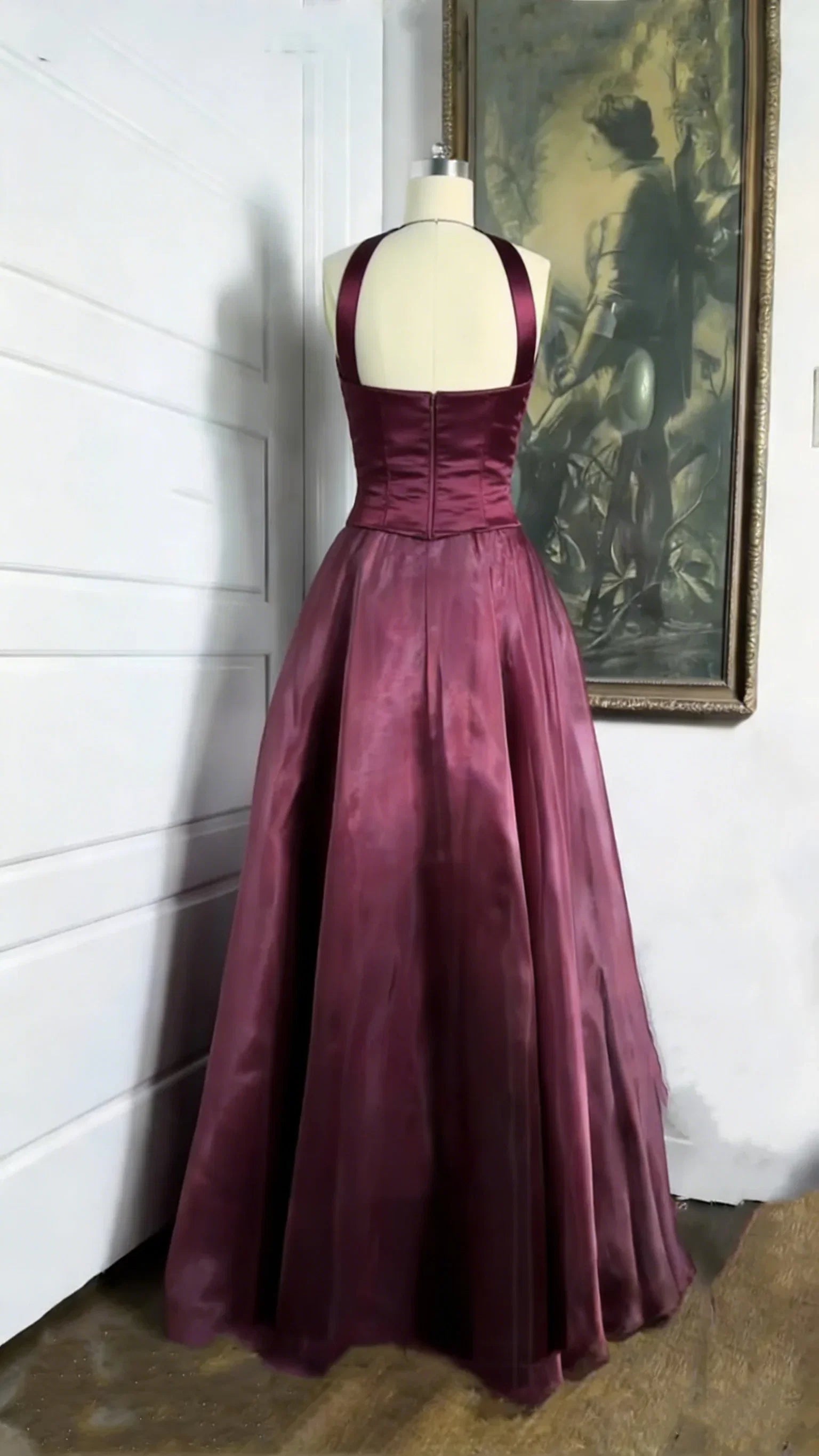 Burgundy Halter Beaded Maxi Prom Dress