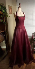 Burgundy Halter Beaded Maxi Prom Dress