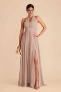 Halter Neck Evening Gown with Side Slit Flowy Formal Dress for Ball Party Wedding Events