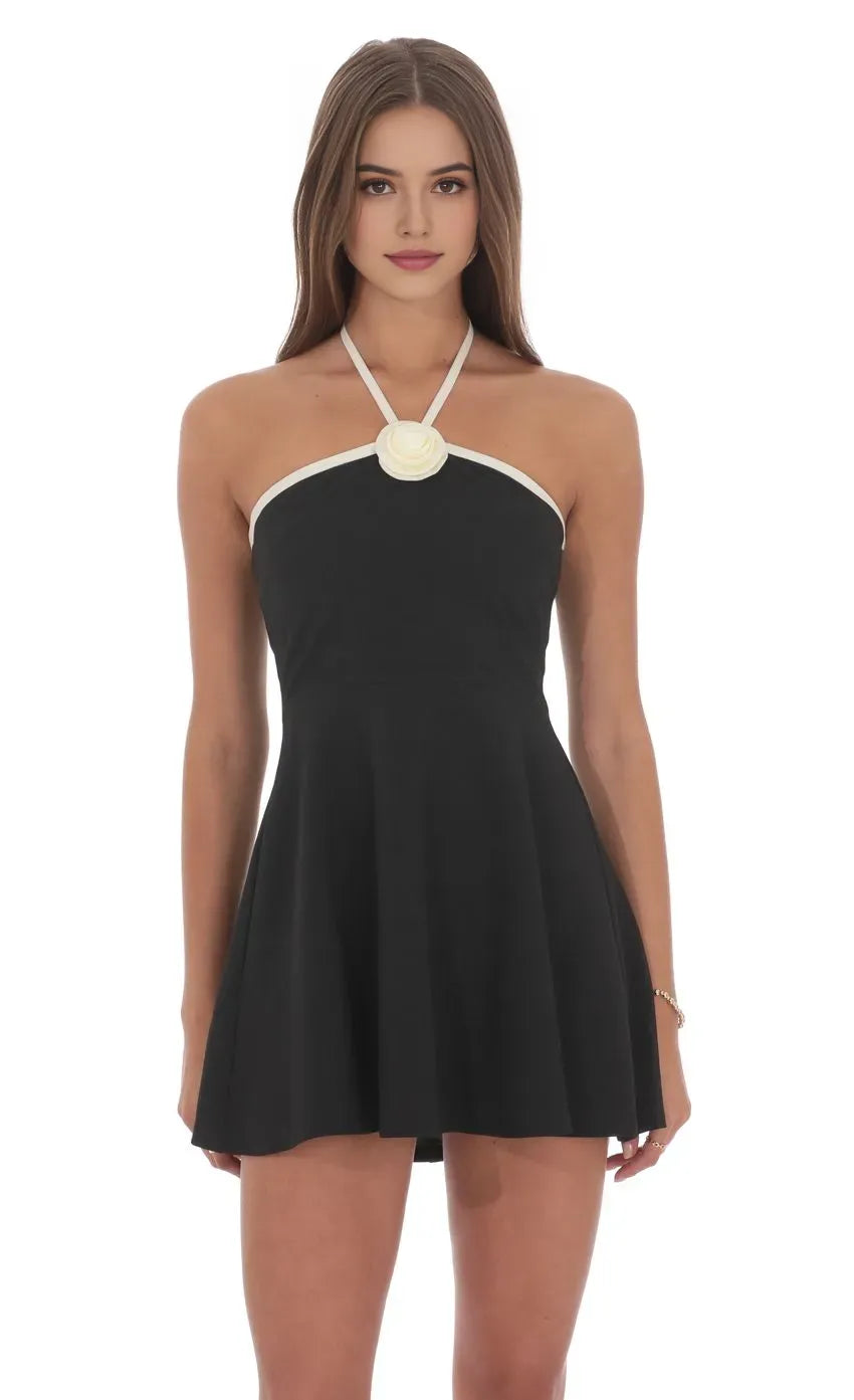 Black Halter Neck Homecoming Dress with 3D Flower Detail White Contrast Flared Mini Gown for School Dances