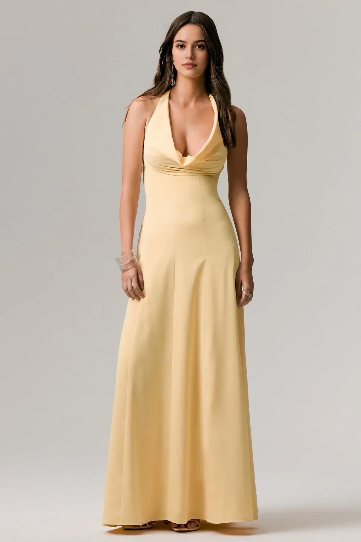 Yellow Halter Neck Prom Dress in Pale with Cowl Neckline and Flowing Maxi Silhouette