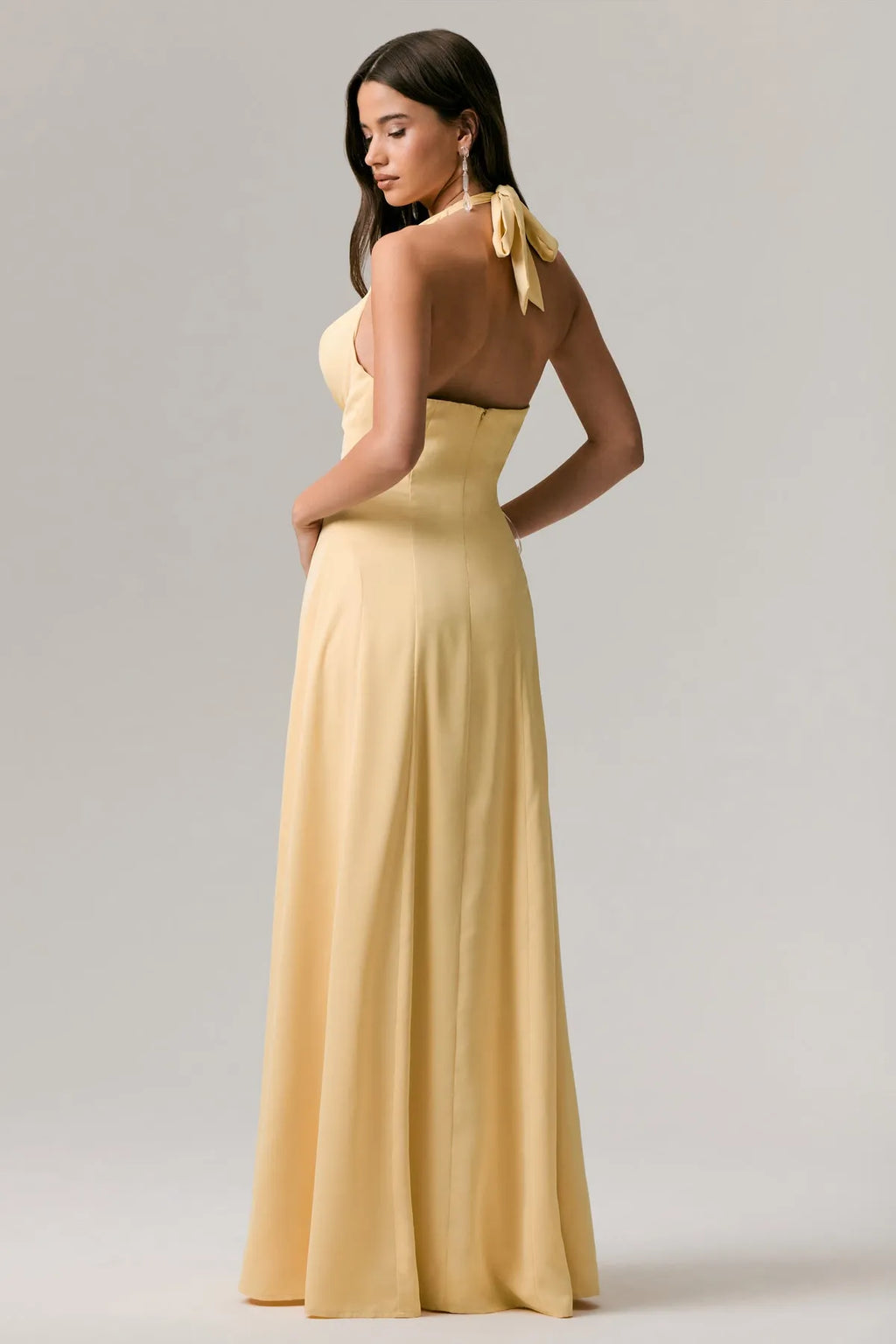 Yellow Halter Neck Prom Dress in Pale with Cowl Neckline and Flowing Maxi Silhouette