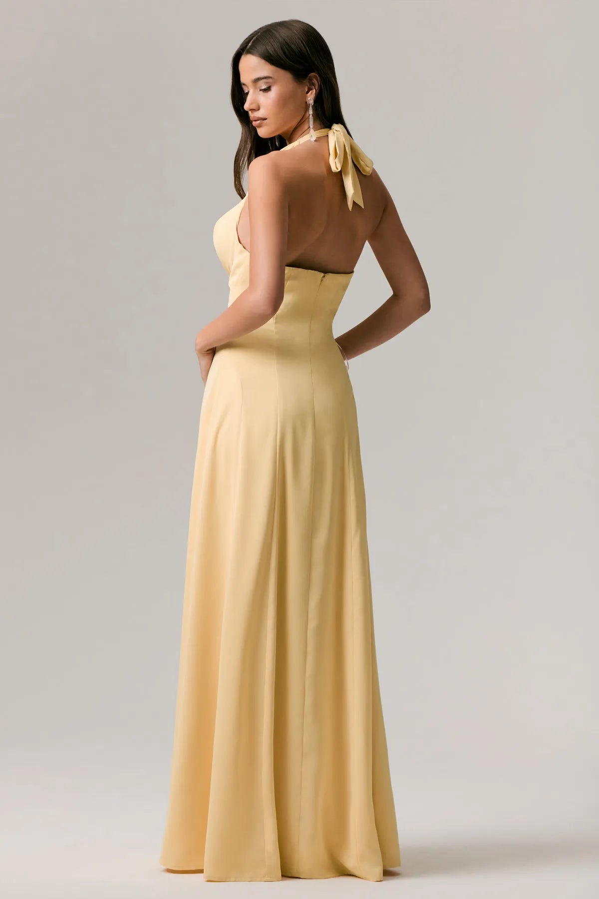 Yellow Halter Neck Prom Dress in Pale with Cowl Neckline and Flowing Maxi Silhouette