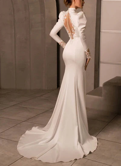 High Neck Long Sleeves Back Wedding Dresses