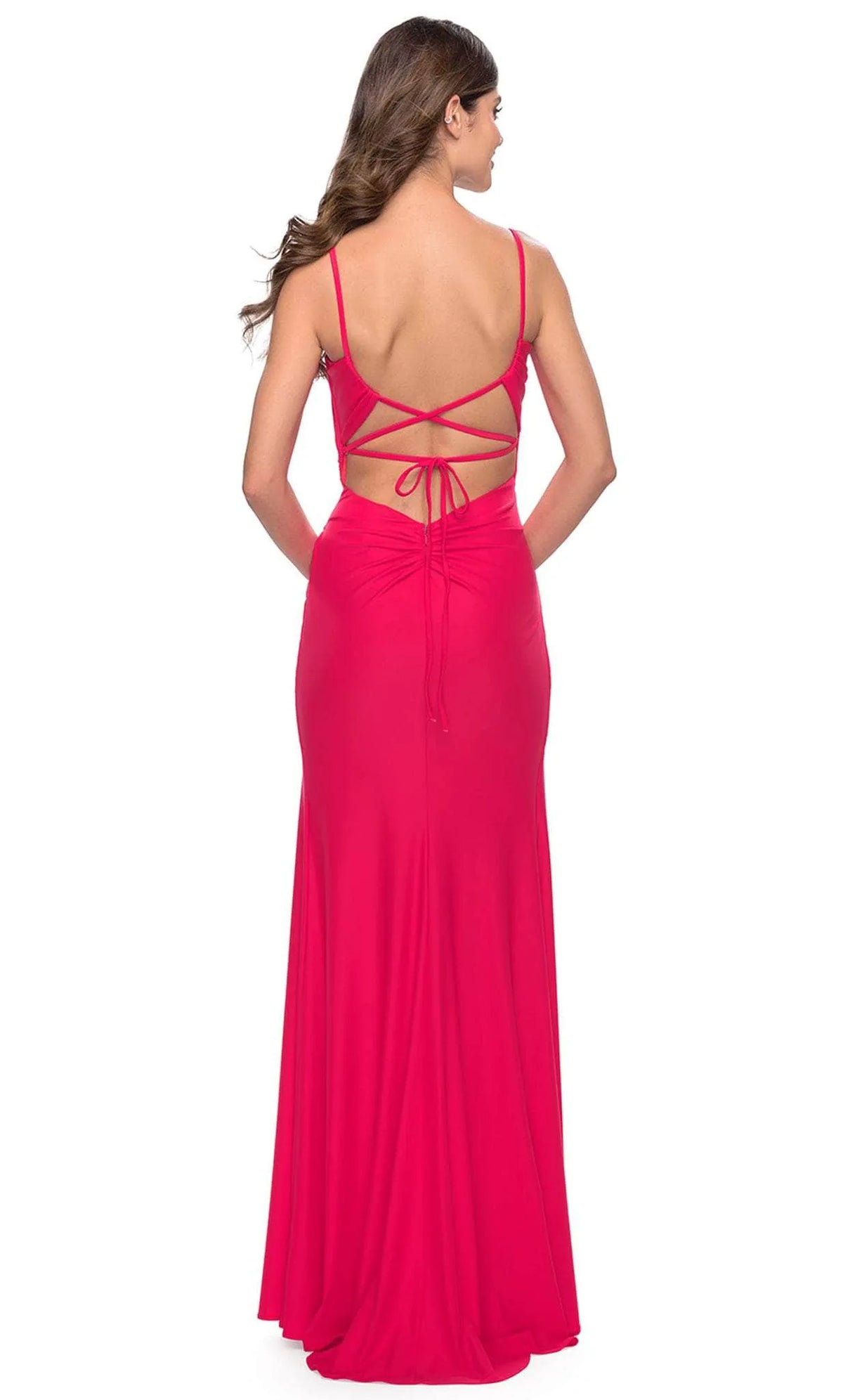 Hot Pink Evening Dress with Square Neckline Asymmetric Ruching and Maxi Length for Formal Occasions