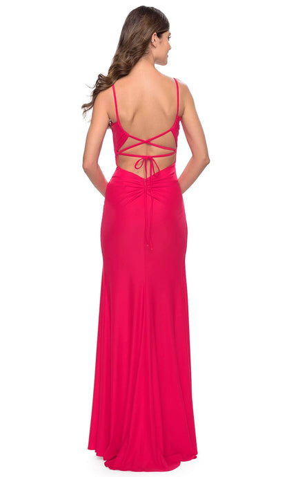 Luxurious Pink Slit A-Line Square-Neck Classic-Sleeve Classic-Back Floor-Length Evening Dress