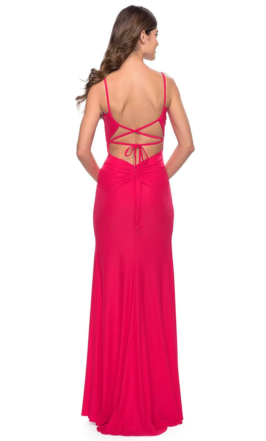 Luxurious Pink Slit A-Line Square-Neck Classic-Sleeve Classic-Back Floor-Length Evening Dress