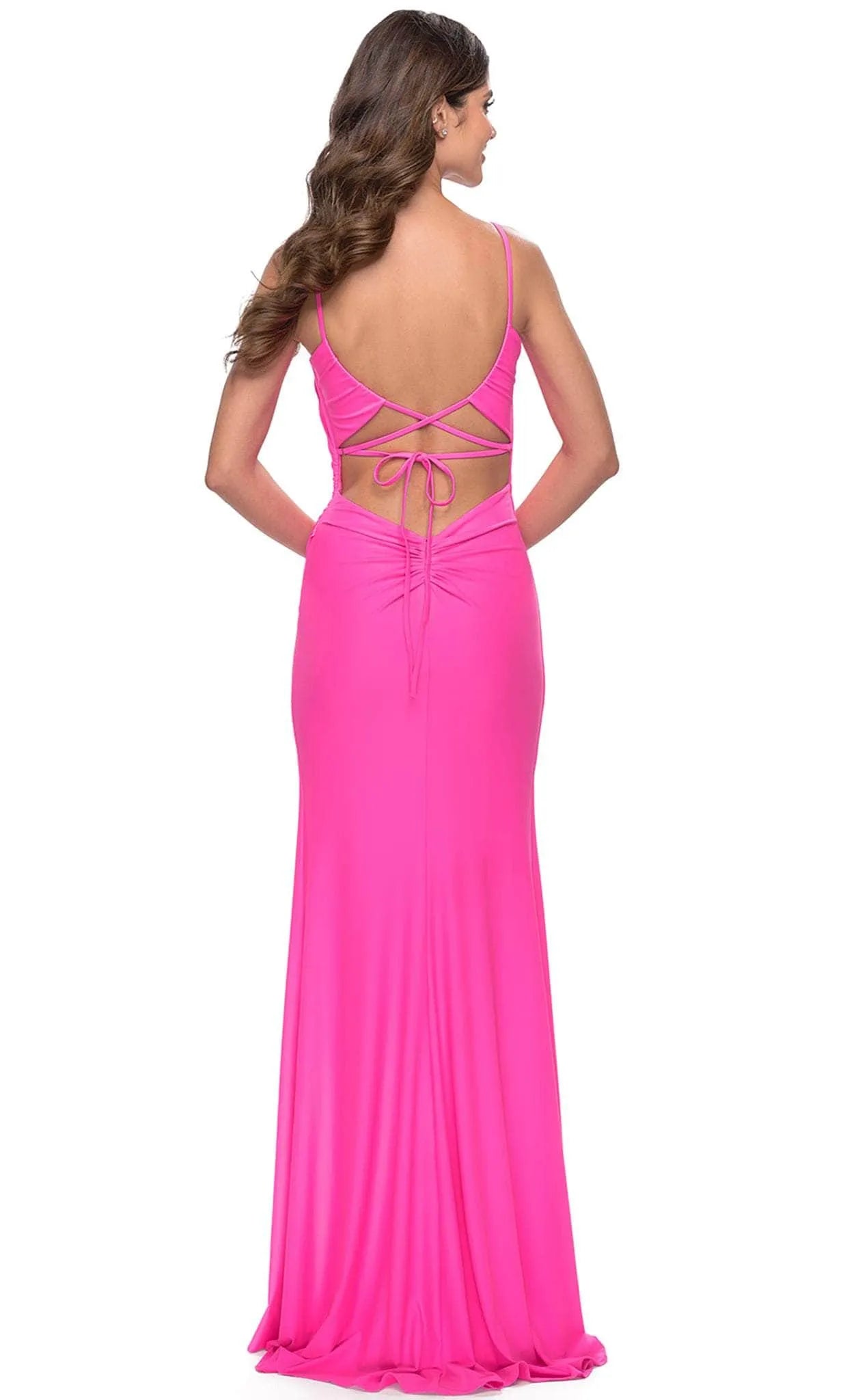 Hot Pink Evening Dress with Square Neckline Asymmetric Ruching and Maxi Length for Formal Occasions
