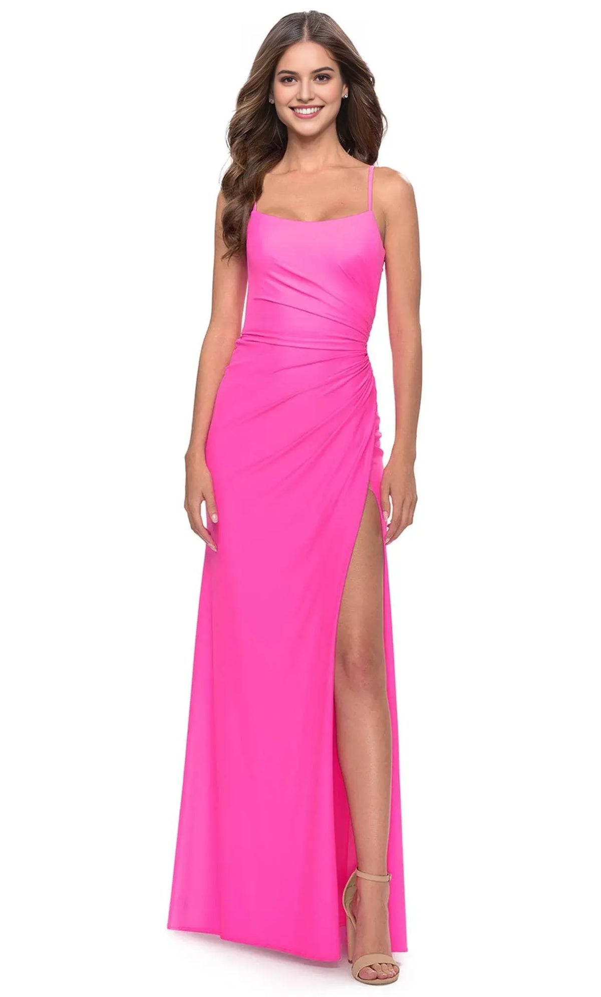 Hot Pink Evening Dress with Square Neckline Asymmetric Ruching and Maxi Length for Formal Occasions