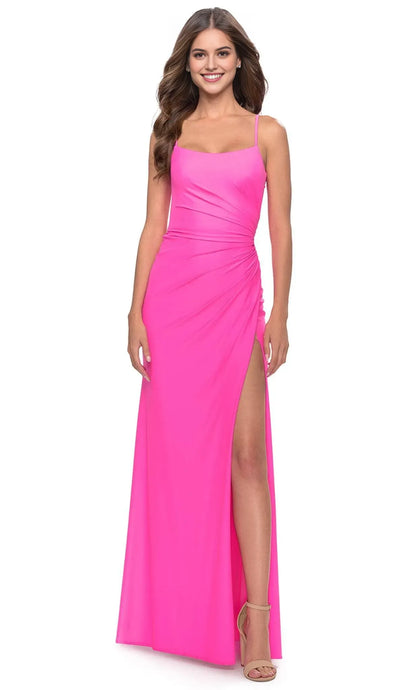Luxurious Pink Slit A-Line Square-Neck Classic-Sleeve Classic-Back Floor-Length Evening Dress