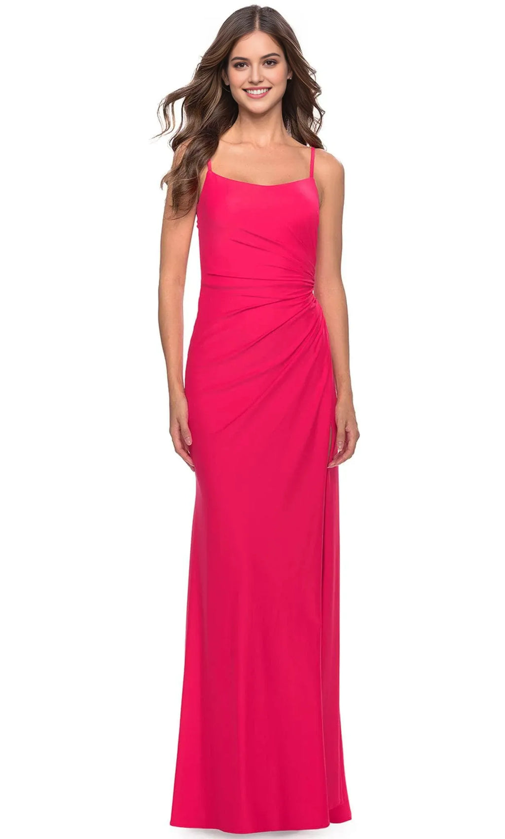 Hot Pink Evening Dress with Square Neckline Asymmetric Ruching and Maxi Length for Formal Occasions