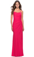 Hot Pink Evening Dress with Square Neckline Asymmetric Ruching and Maxi Length for Formal Occasions