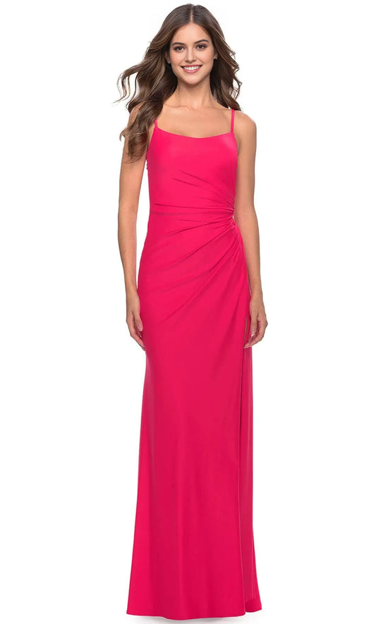 Luxurious Pink Slit A-Line Square-Neck Classic-Sleeve Classic-Back Floor-Length Evening Dress