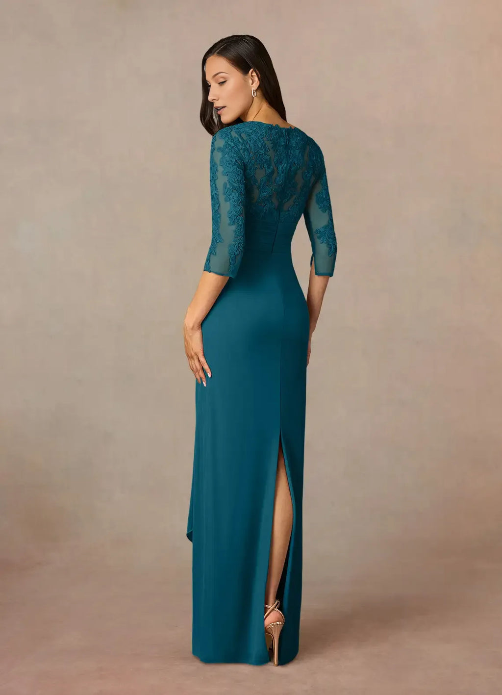 Blue Ink Sheath Mother of the Bride Dress with V - Neckline Sheer Sleeves Bodice and Asymmetric Drape Skirt