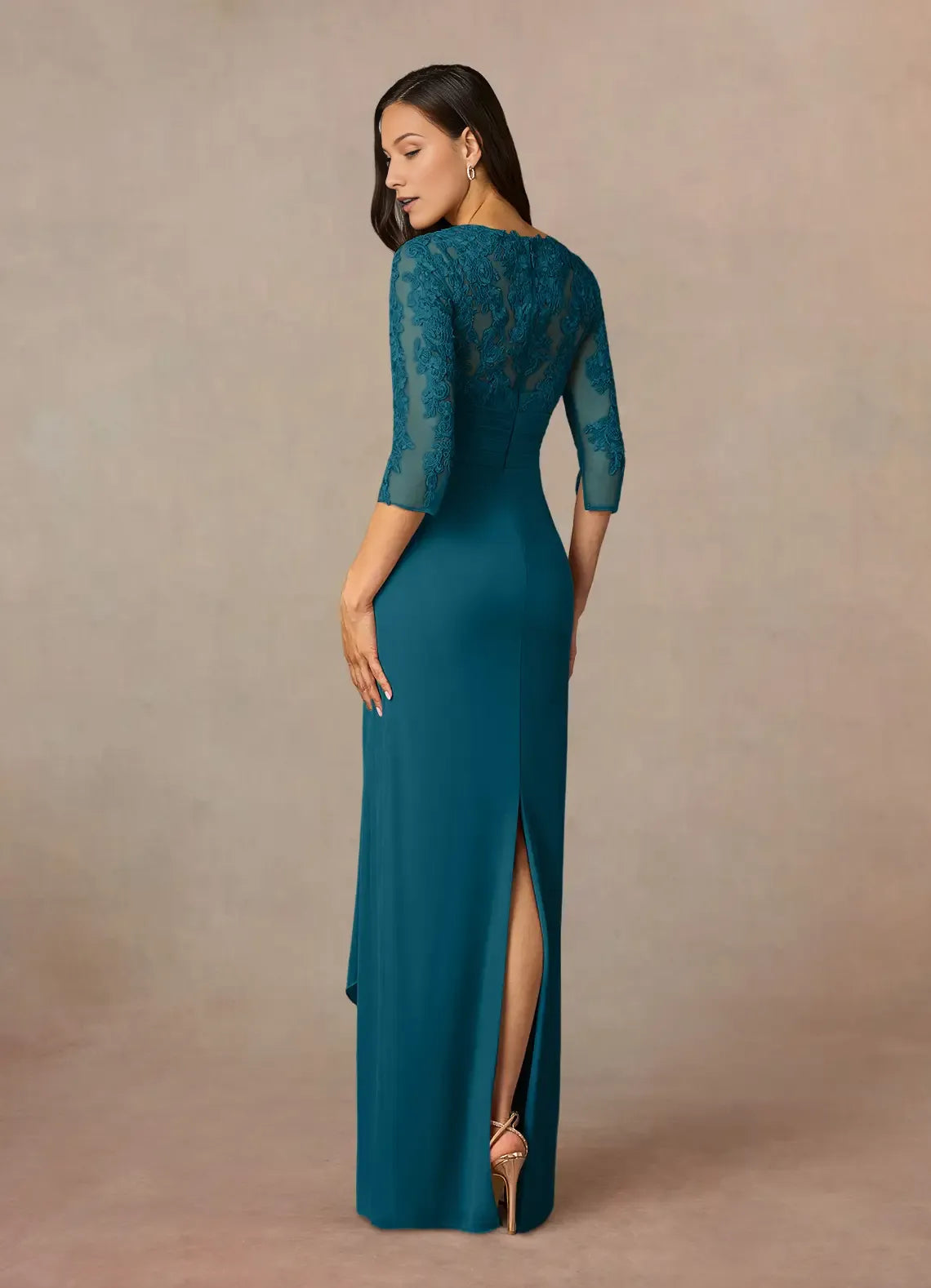 Blue Ink Sheath Mother of the Bride Dress with V - Neckline Sheer Sleeves Bodice and Asymmetric Drape Skirt