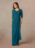 Blue Ink Sheath Mother of the Bride Dress with V - Neckline Sheer Sleeves Bodice and Asymmetric Drape Skirt