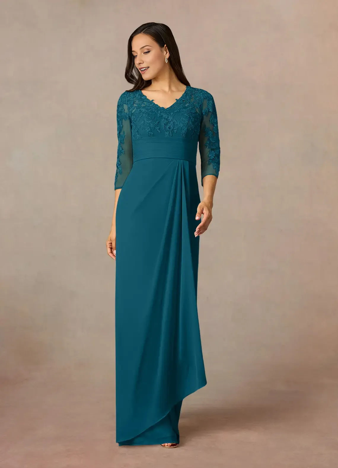 Blue Ink Sheath Mother of the Bride Dress with V - Neckline Sheer Sleeves Bodice and Asymmetric Drape Skirt
