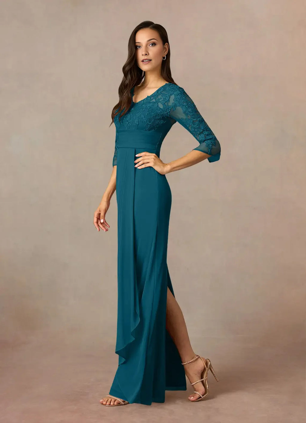 Blue Ink Sheath Mother of the Bride Dress with V - Neckline Sheer Sleeves Bodice and Asymmetric Drape Skirt