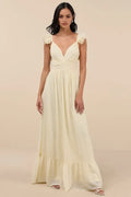 Ivory Prom Dress with Floral Ruffle Shoulder Straps Plunging V Neckline Wrap - Front Bodice and Tiered Ruffle Hem for Formal Occasions