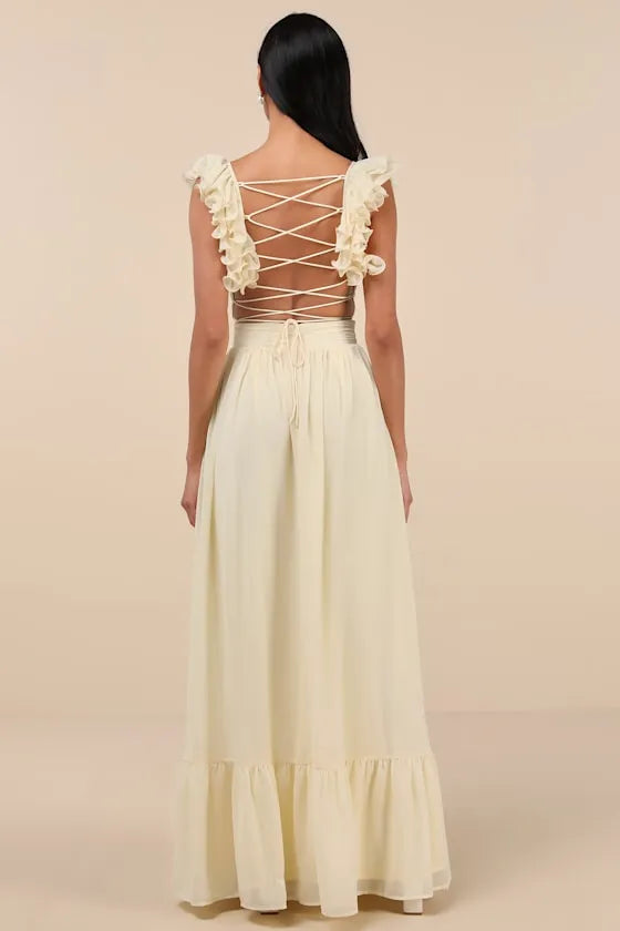 Ivory Prom Dress with Floral Ruffle Shoulder Straps Plunging V Neckline Wrap - Front Bodice and Tiered Ruffle Hem for Formal Occasions