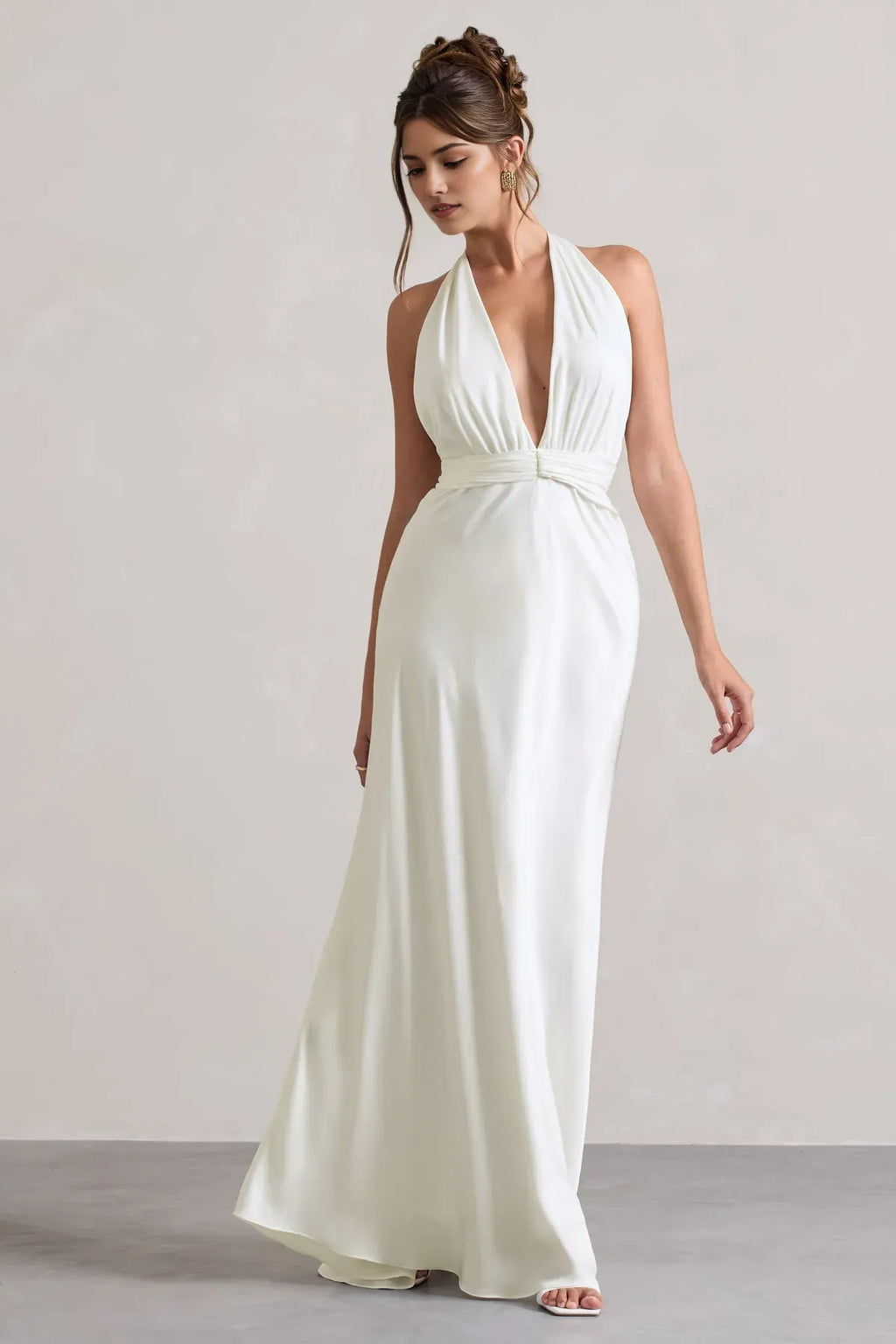 Ivory Neck Prom Gown Plunging V - Neck Ruched Waist Flowing Silhouette A Fusion of Sophistication and Allure for Formal Galas