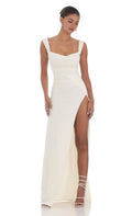 Ivory Ruched Prom Dress with Square Neckline and High Side Slit Perfect for Formal Evening Galas