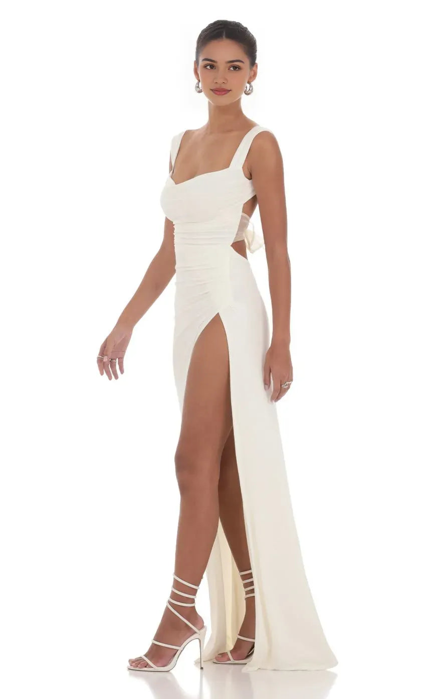 Ivory Ruched Prom Dress with Square Neckline and High Side Slit Perfect for Formal Evening Galas