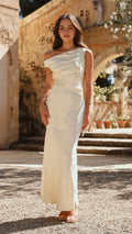 Ivory Prom Dress One - Shoulder Draped Detail Floor Length Silhouette for a Dreamy Sophisticated Look