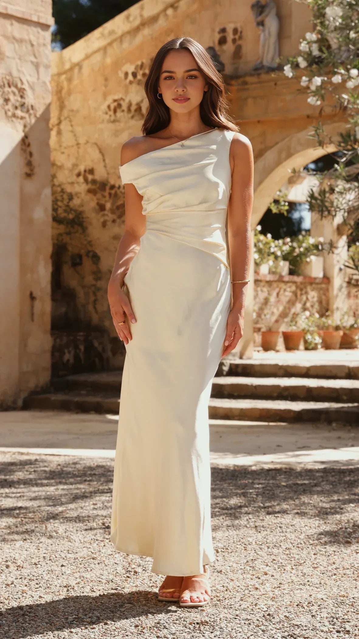 Ivory Prom Dress One - Shoulder Draped Detail Floor Length Silhouette for a Dreamy Sophisticated Look