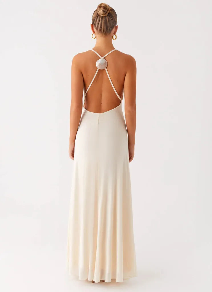 Ivory Prom Dress with Cowl Neckline Halter Straps Open Back and Floor-Length Silhouette for Formal Occasions