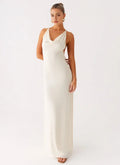 Ivory Prom Dress with Cowl Neckline Halter Straps Open Back and Floor-Length Silhouette for Formal Occasions