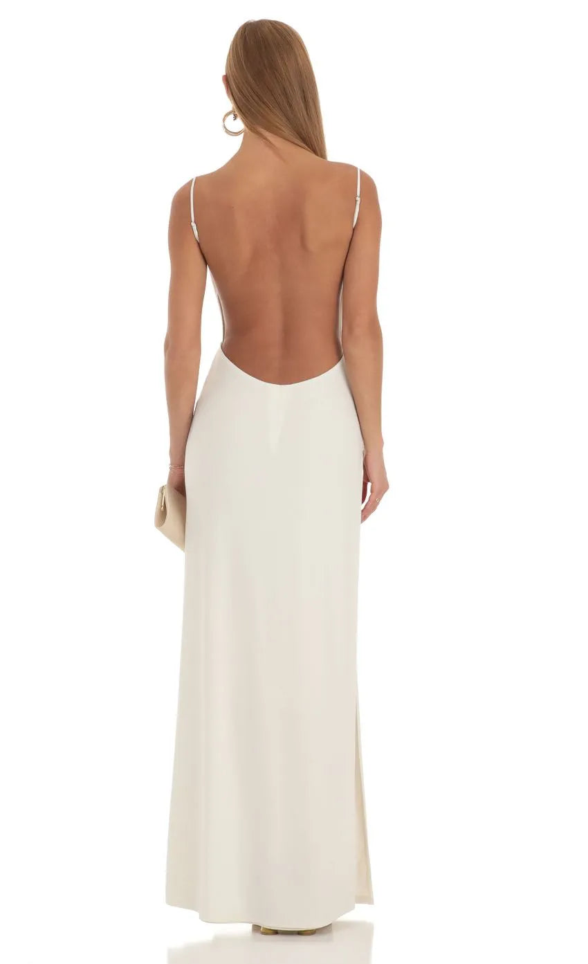 Ivory Prom Dress with Cowl Neckline Spaghetti Straps and High Thigh Timeless Formal Evening Gown for Prom