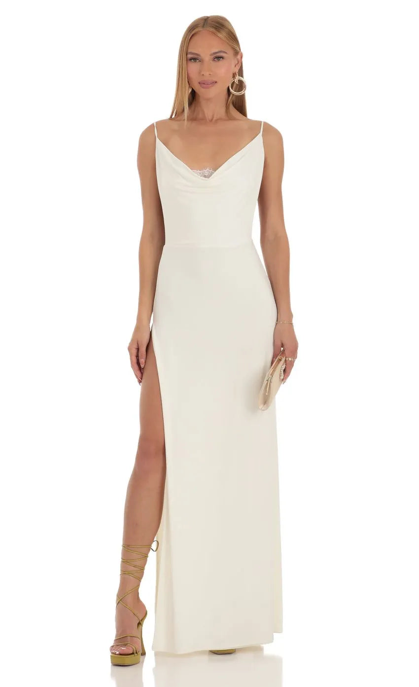 Ivory Prom Dress with Cowl Neckline Spaghetti Straps and High Thigh Timeless Formal Evening Gown for Prom