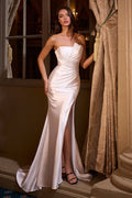 Ivory Strapless Prom Dress with Draped Detail and High Slit