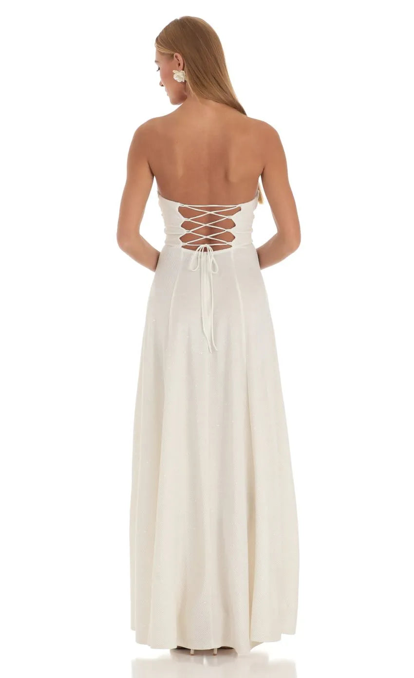 Ivory Strapless Prom Dress with High Thigh Slit Design Perfect for Glamorous Formal Events and Memorable Prom Nights