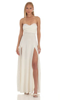 Ivory Strapless Prom Dress with High Thigh Slit Design Perfect for Glamorous Formal Events and Memorable Prom Nights