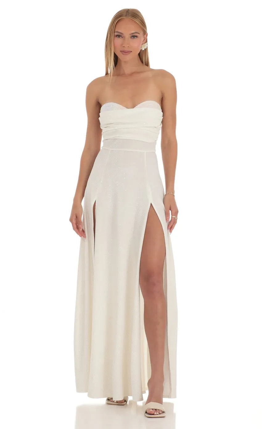 Ivory Strapless Prom Dress with High Thigh Slit Design Perfect for Glamorous Formal Events and Memorable Prom Nights