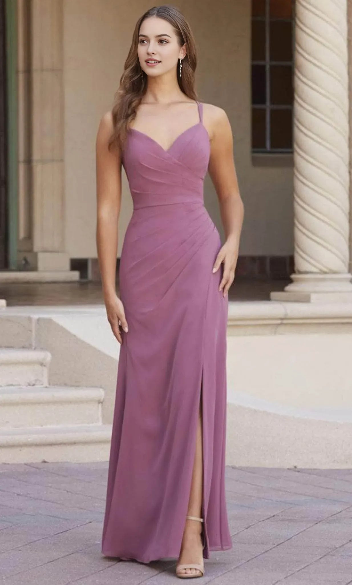 Lavender Evening Dresses with Spaghetti Straps Ruched Bodice and High Side Slit