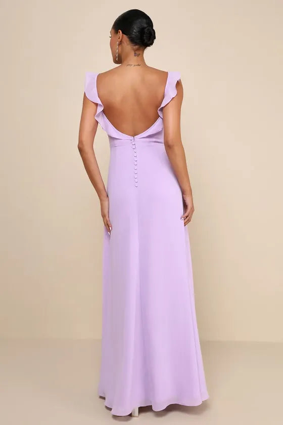 Lavender Prom Dress with Ruffled Square Neckline Sleeveless Design and High Thigh Side Slit for Formal Occasions