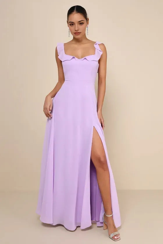 Lavender Prom Dress with Ruffled Square Neckline Sleeveless Design and High Thigh Side Slit for Formal Occasions