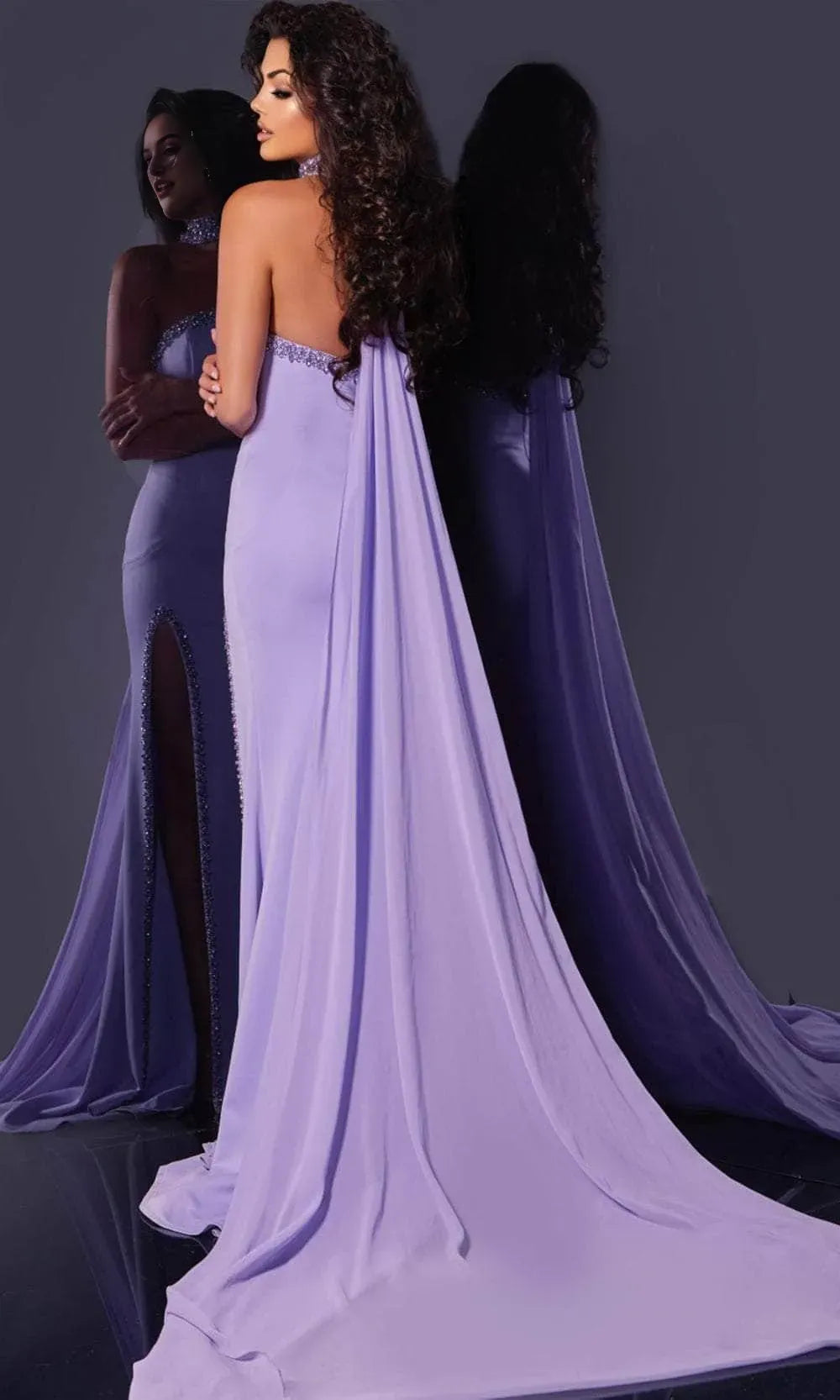 Lavender Prom Gown with Strapless Neckline Trim Capelet Detail and High Side Slit for Formal Occasions