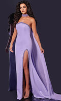 Lavender Prom Gown with Strapless Neckline Trim Capelet Detail and High Side Slit for Formal Occasions