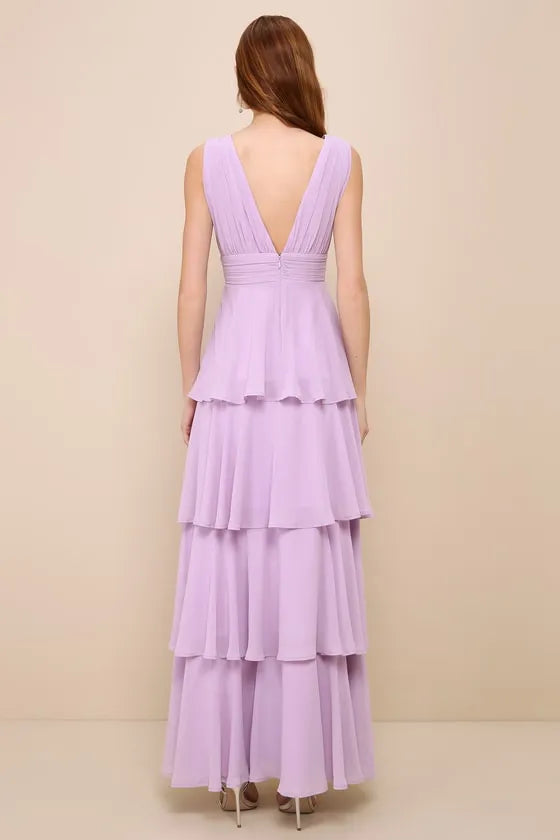 Lavender Tiered Evening Dresses with Plunging V - Neckline Perfect for women Galas